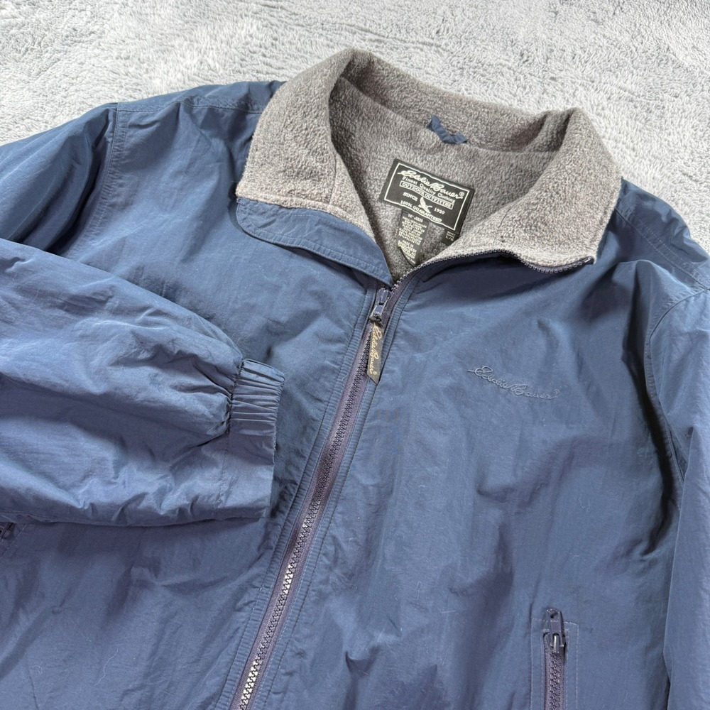 Eddie Bauer Mens Navy Blue Fleece Lined Nylon Jacket Large Full Zip Windbreaker